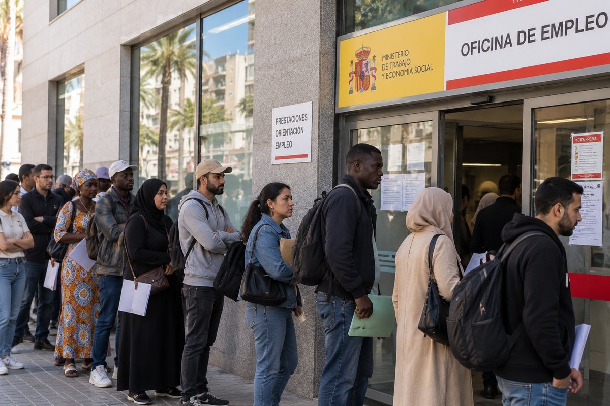A queue of people from different backgrounds waiting outside a job centre