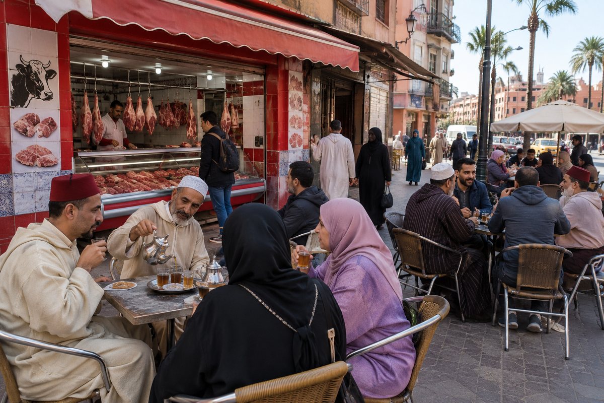 People drinking tea on a café terrace next to a butcher’s shop, on a street lined with palm trees