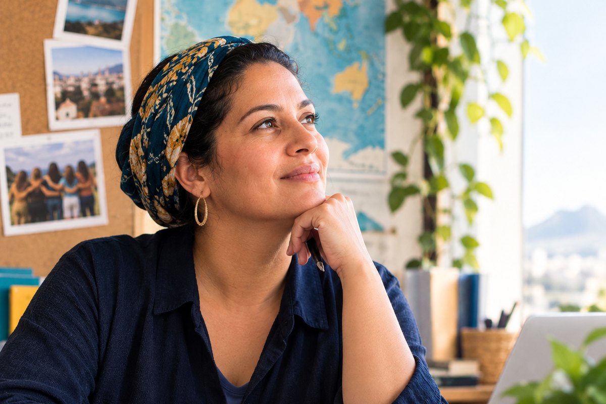 امرأة متأملة جالسة إلى مكتب، وخلفها خريطة للعالم وصور.