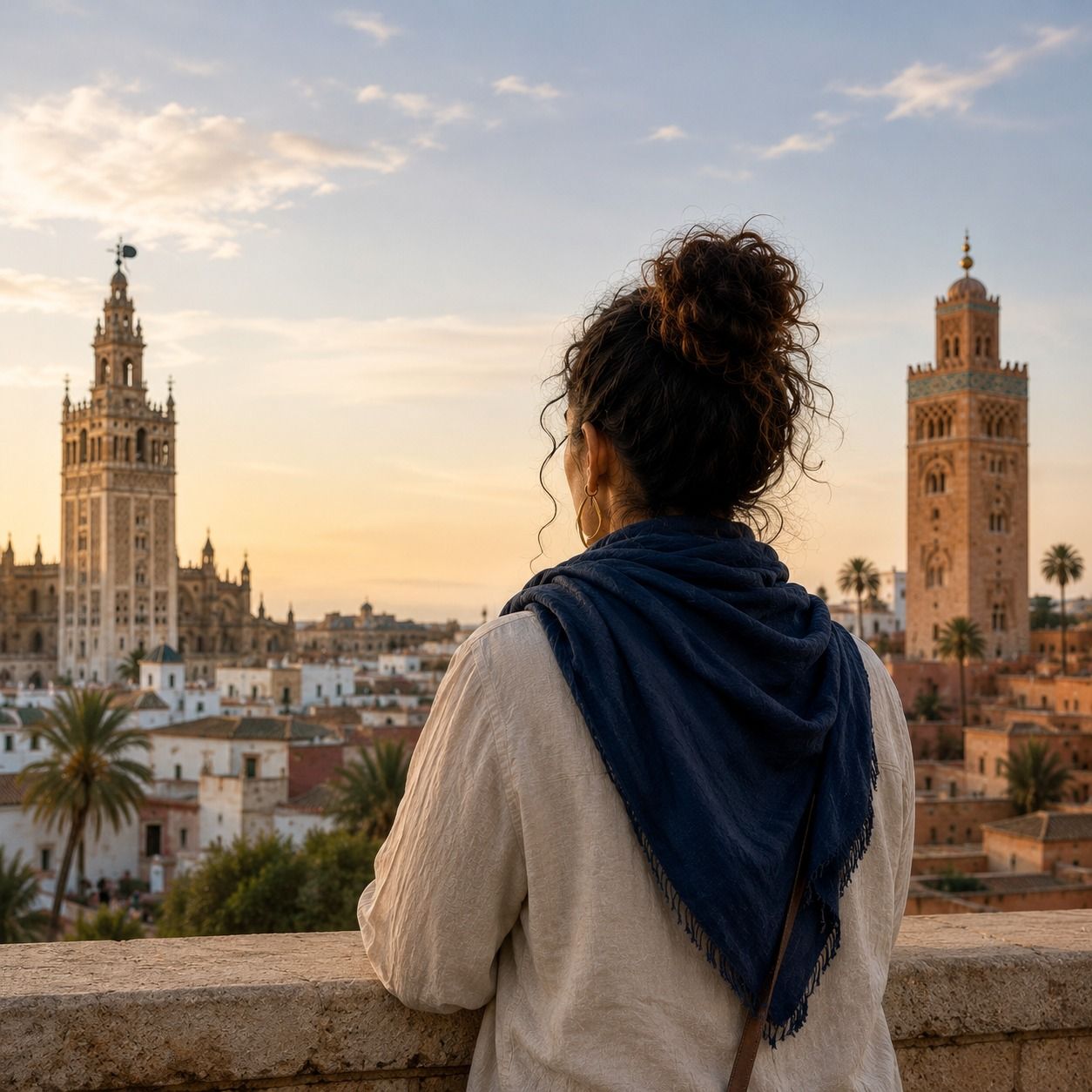 Mulher vista de costas contempla ao entardecer uma cidade onde se fundem uma torre espanhola e um minarete marroquino, como símbolo de duas culturas que se encontram