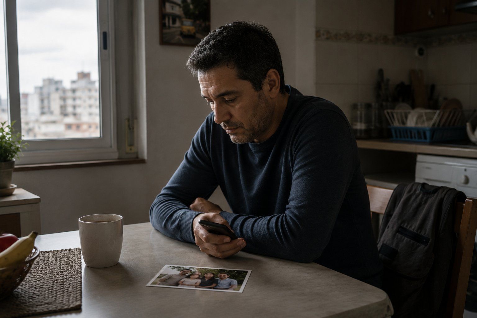 Um homem sentado à mesa da cozinha olha para o telemóvel junto a uma fotografia de família, refletindo a distância em relação a quem ficou no país de origem.