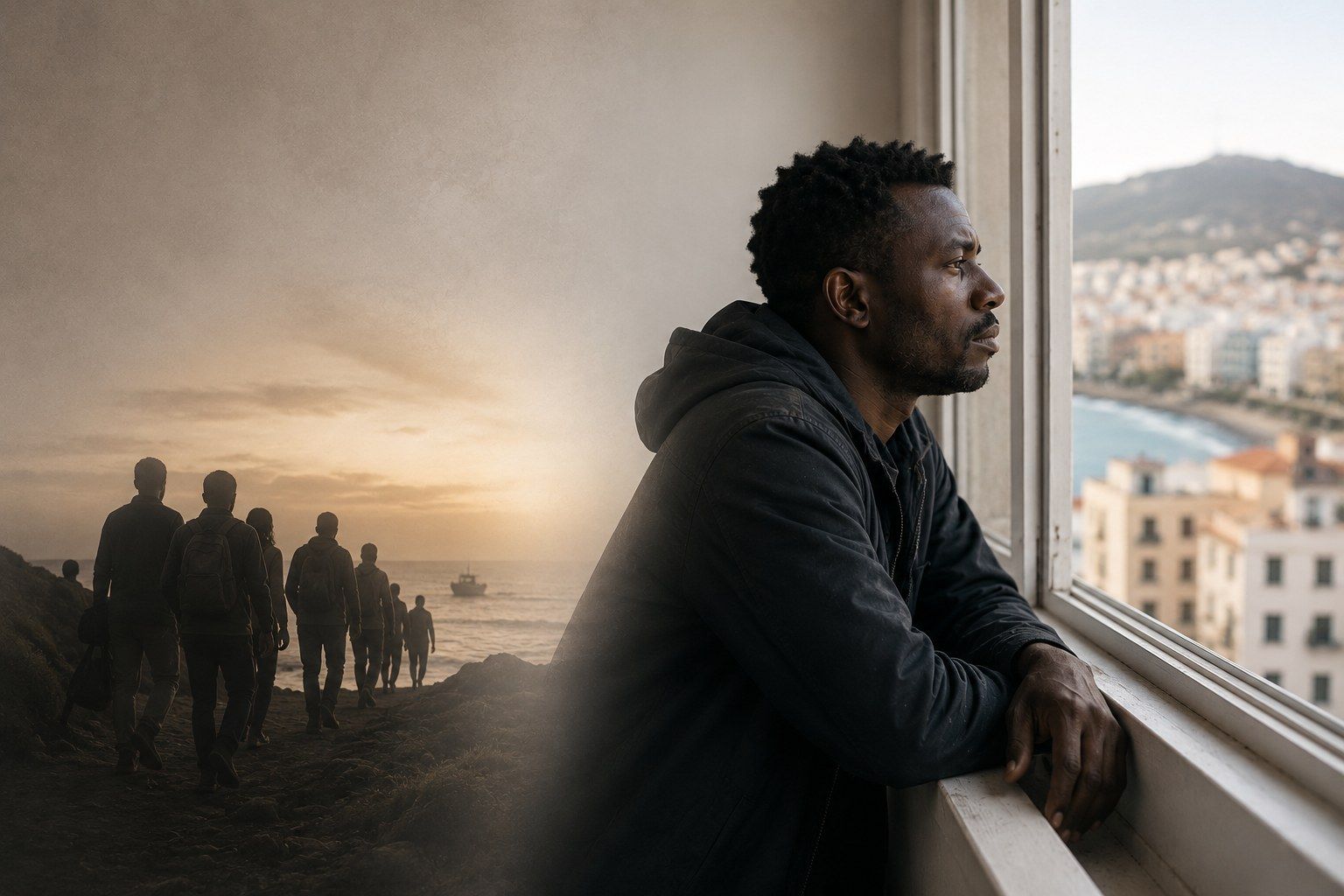 Homem a olhar pensativo pela janela da sua nova cidade, com uma imagem sobreposta de um grupo a caminhar em direção ao mar ao entardecer, ilustrando o luto migratório