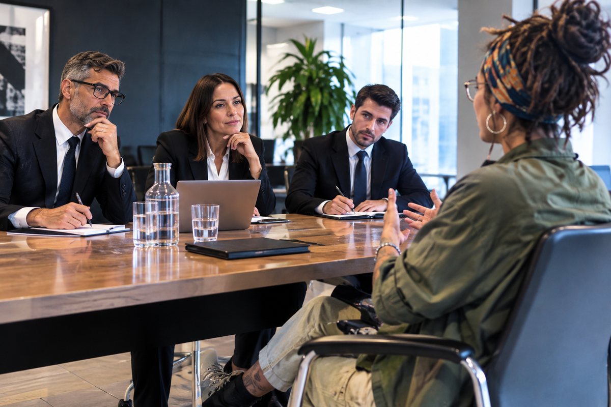 A candidate speaks to three people interviewing her in a meeting room