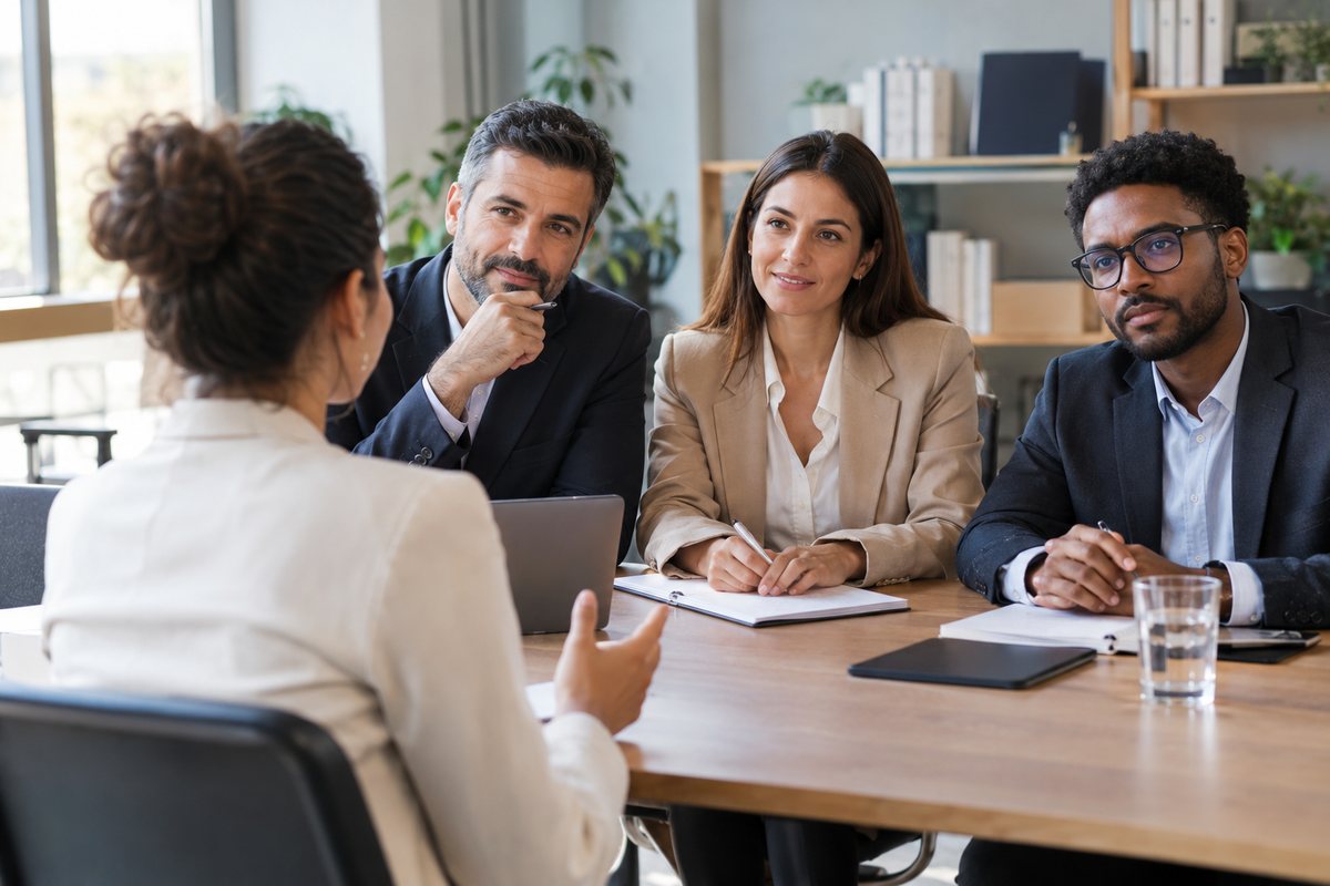 A candidate talks with three people interviewing her around a table