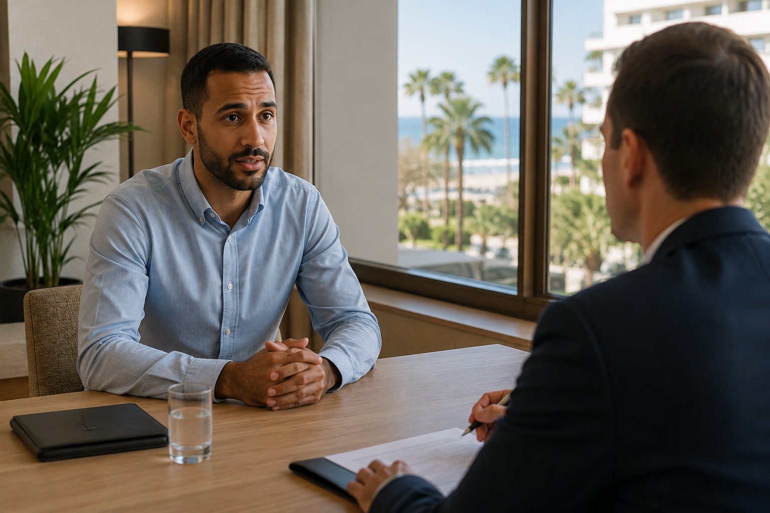Homem sentado numa entrevista de emprego numa sala com vista para o mar nas Canárias, a falar com a pessoa entrevistadora