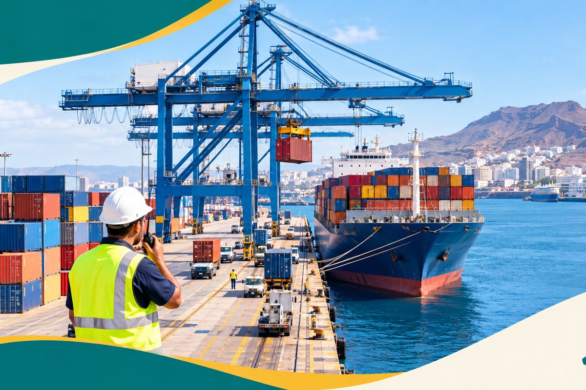 Porto de Las Palmas: gruas, contentores, um navio de carga e um trabalhador com capacete e colete.