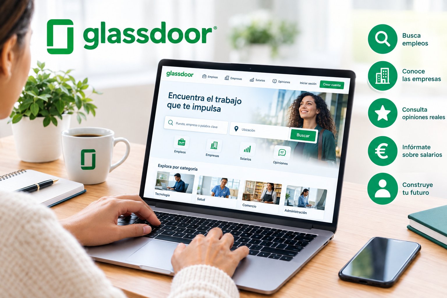Pessoa a usar o Glassdoor num computador portátil, junto das suas funções: procurar empregos, conhecer empresas, consultar opiniões e informar-se sobre salários.