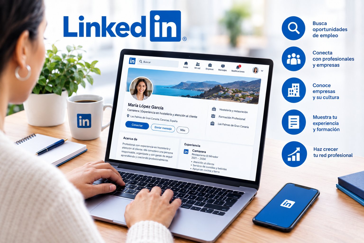 Pessoa a consultar um perfil do LinkedIn num computador portátil, junto às suas funções: procurar emprego, ligar-se a profissionais, conhecer empresas e mostrar a tua experiência.