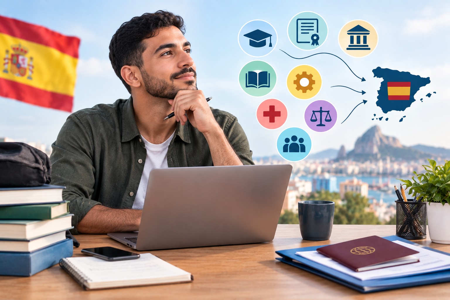 Homem pensativo com um computador portátil, rodeado de ícones de educação, justiça, saúde e trâmites que se ligam ao mapa de Espanha.