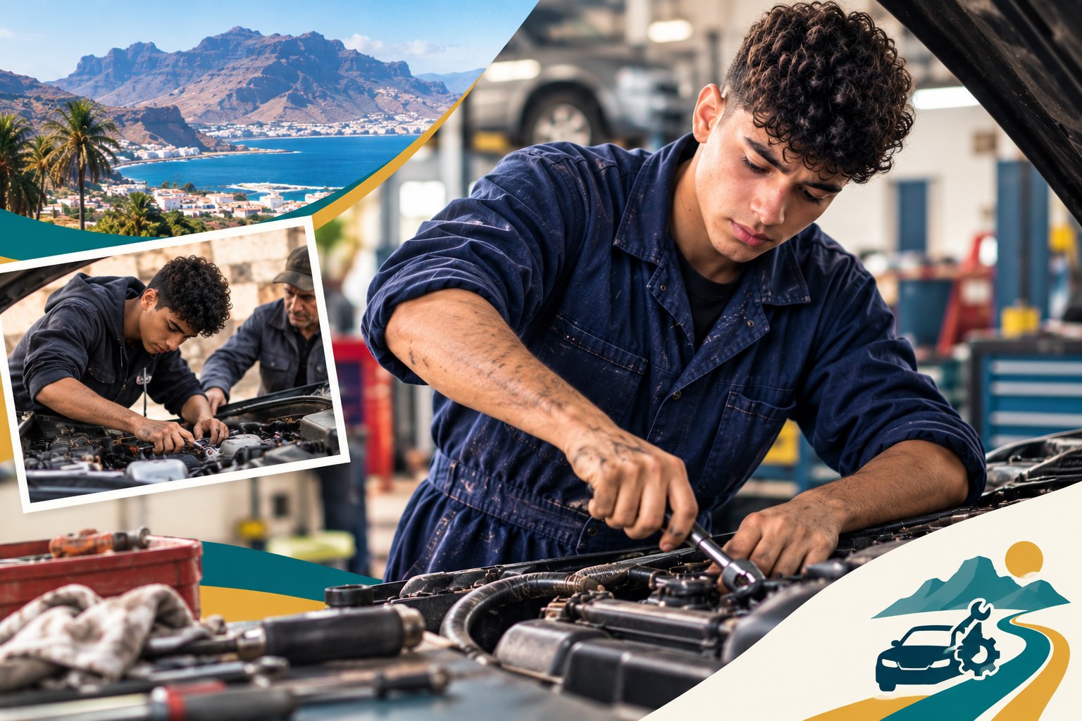 Um jovem de fato-macaco repara o motor de um carro numa oficina. Numa fotografia pequena, o mesmo jovem aprende ao lado de um homem mais velho, com uma paisagem costeira da Gran Canaria ao fundo.