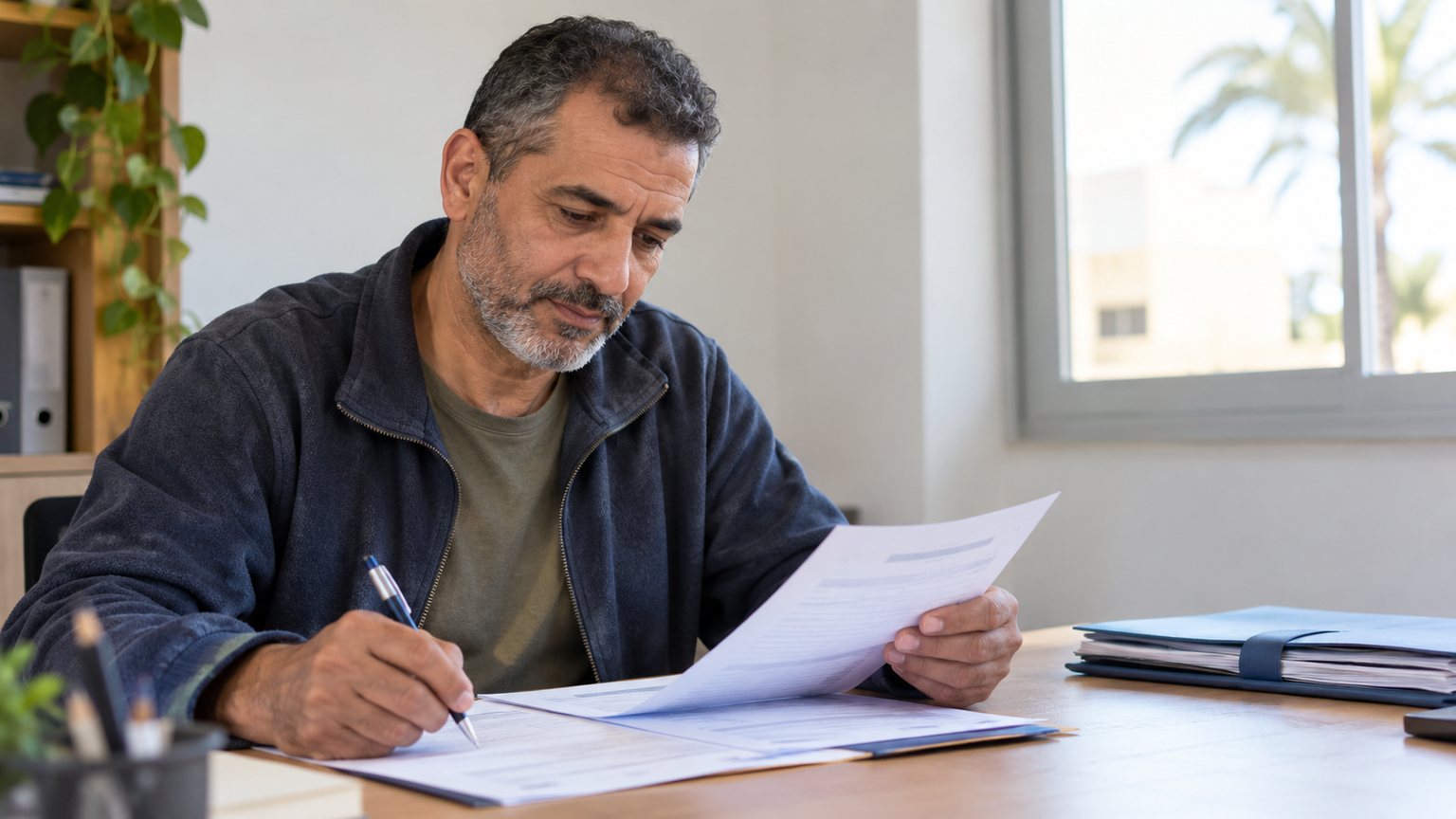 A man checking and filling in documents at a table, next to a folder with papers