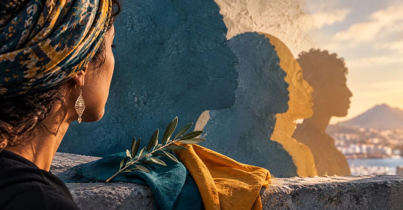 Une femme voilée, vue de dos, regarde un mur couvert de silhouettes de visages en bleu et or, à côté d'une branche d'olivier.