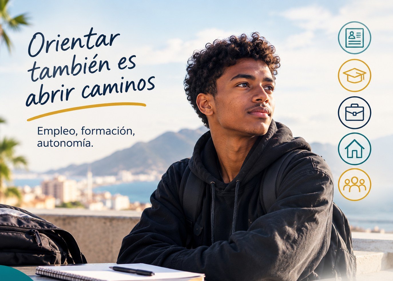 Un joven mira al horizonte sentado ante una mesa con un cuaderno, con el mar y una ciudad costera al fondo. Texto de la imagen: «Orientar también es abrir caminos. Empleo, formación, autonomía».