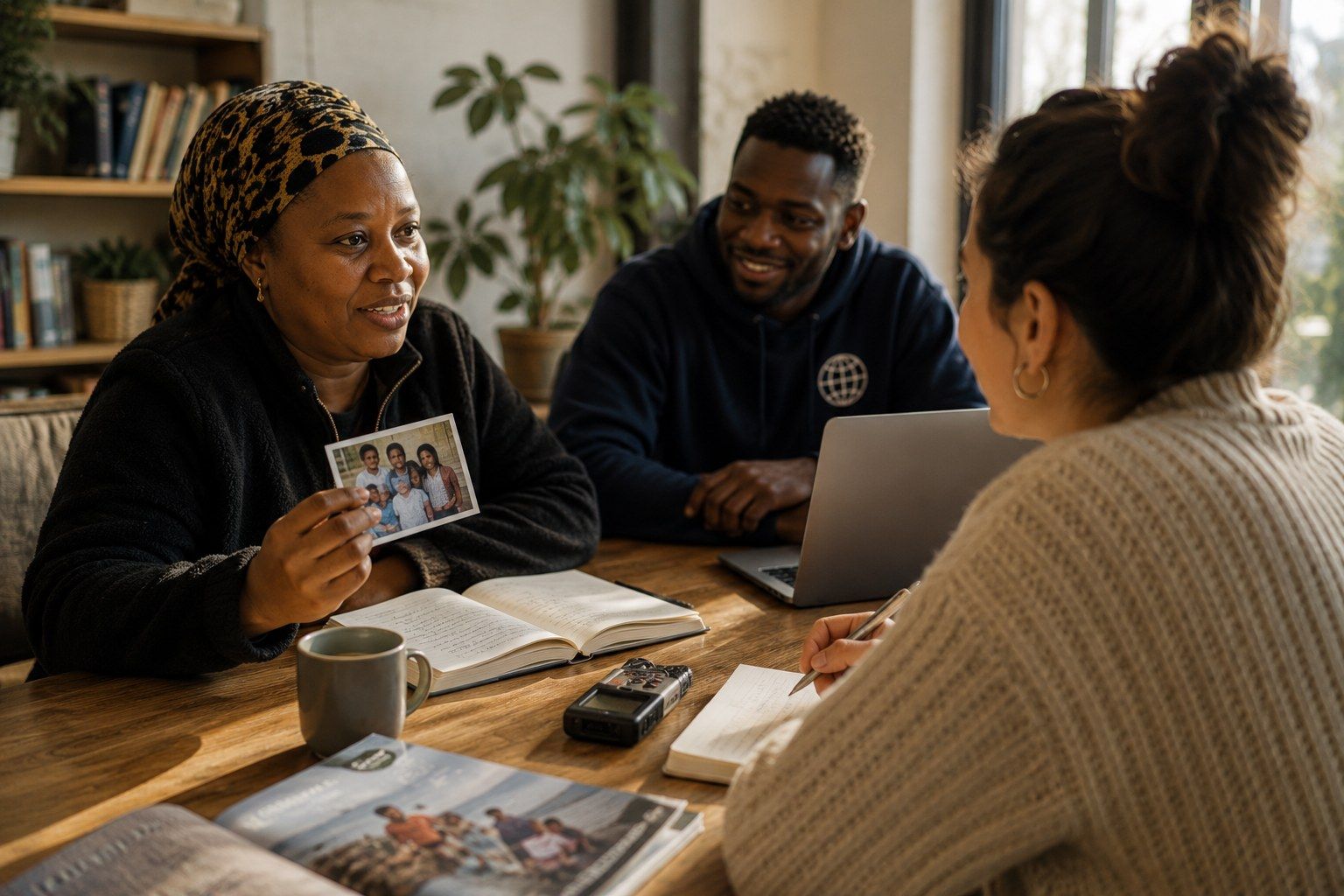 Uma mulher mostra uma fotografia de família durante uma primeira consulta de orientação com a equipa da Ubuntu Canarias, enquanto são tomadas notas num bloco.