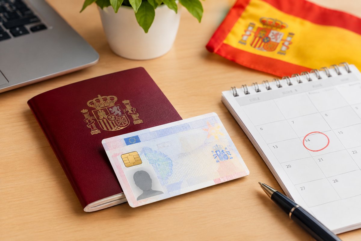 Passeport, carte d’identité d’étranger et calendrier avec une date entourée sur un bureau.
