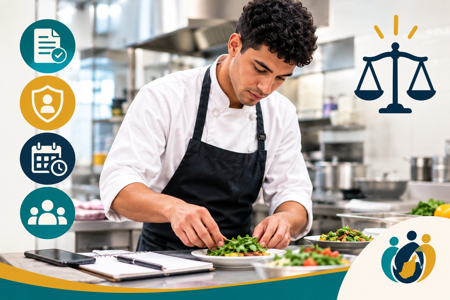 Um jovem cozinheiro emprata um prato na cozinha de um restaurante, com um telemóvel e um caderno na bancada. Ao lado, ícones de um documento assinado, um escudo, um calendário com relógio e um grupo de pessoas, e uma balança da justiça.