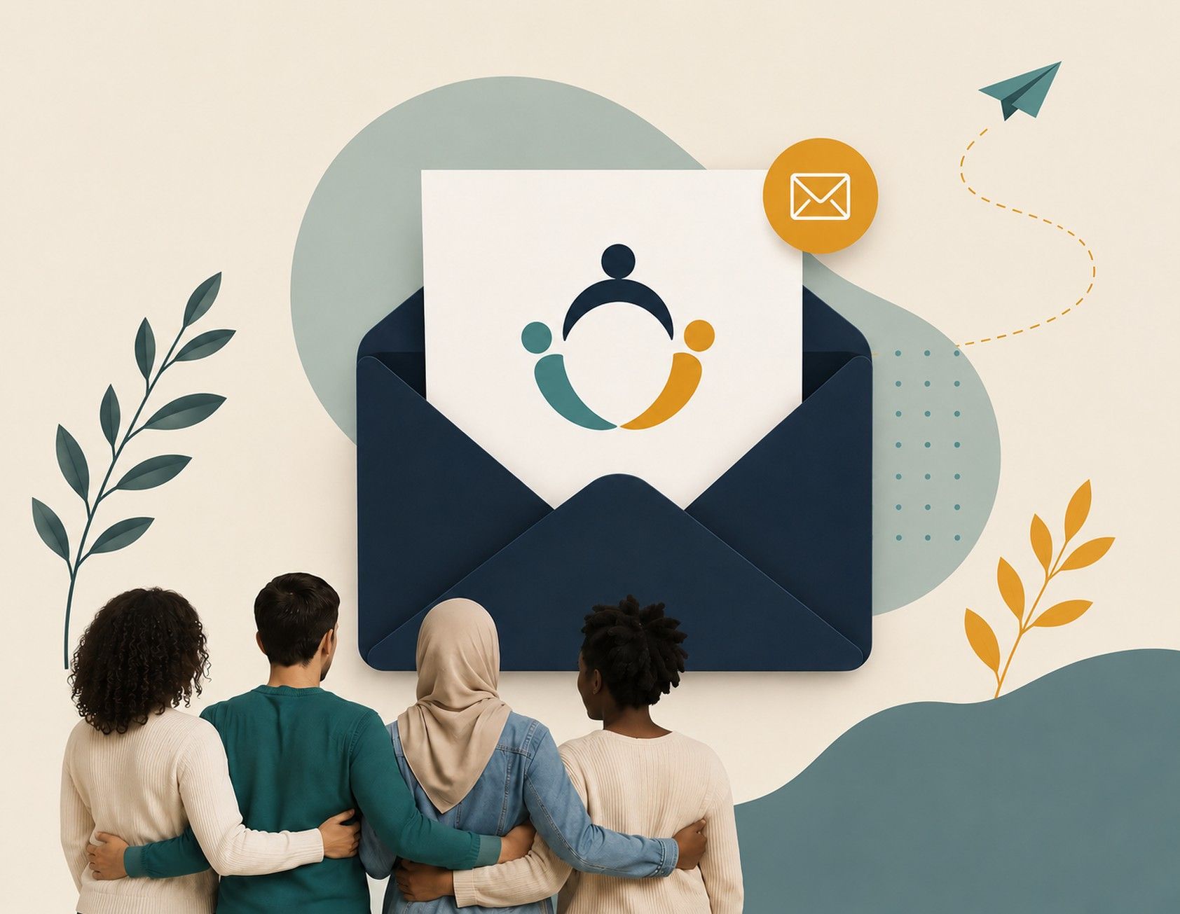Ilustração de quatro pessoas abraçadas de costas a olhar para um envelope aberto com o logótipo da Ubuntu Canarias, símbolo de comunidade e apoio