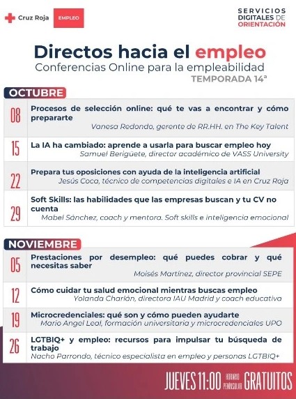 Cartel de «Directos hacia el empleo», temporada 14, de Cruz Roja Empleo, con las ocho conferencias online de octubre y noviembre de 2026