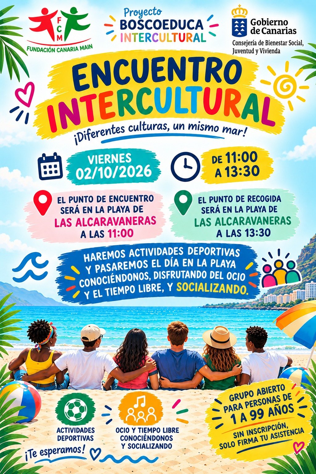 Cartel del Encuentro Intercultural «¡Diferentes culturas, un mismo mar!» en la playa de Las Alcaravaneras, viernes 2 de octubre de 2026 de 11:00 a 13:30