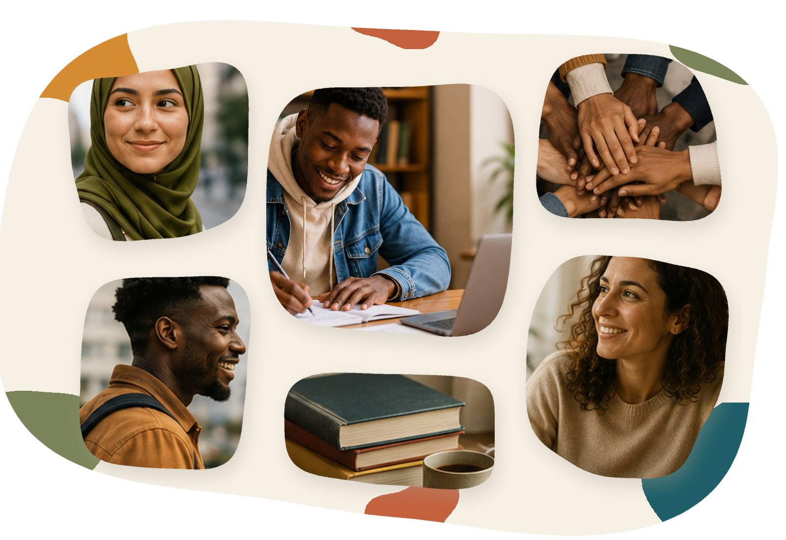 Collage de fotos: personas de distintos orígenes, un joven estudiando, manos unidas, una mujer tomando apuntes y libros
