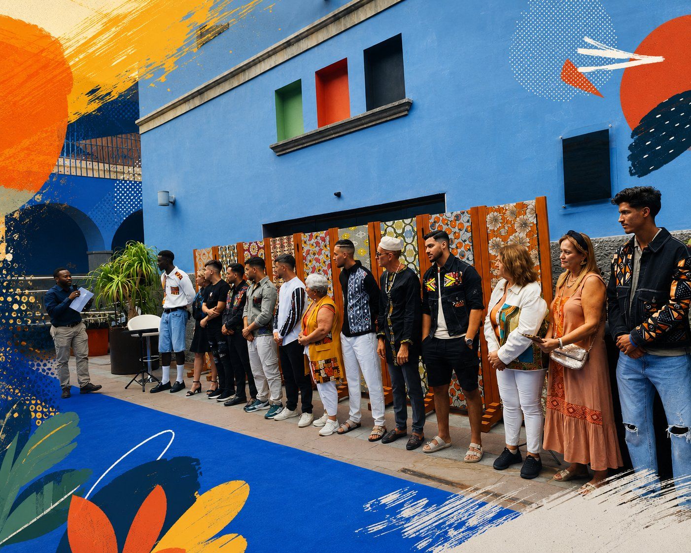 Fila de pessoas com trajes de estilo africano a posar em frente ao edifício da Casa África durante o Encontro de Vida Intercultural