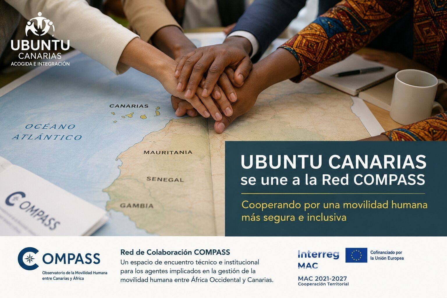 Mãos unidas sobre um mapa das Canárias e da África Ocidental, junto a um caderno da Rede COMPASS