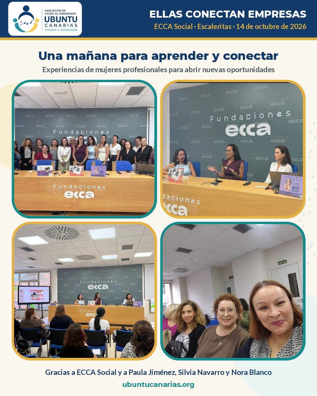 Collage of the meeting: group photo, the three speakers, the room and part of the Ubuntu Canarias team