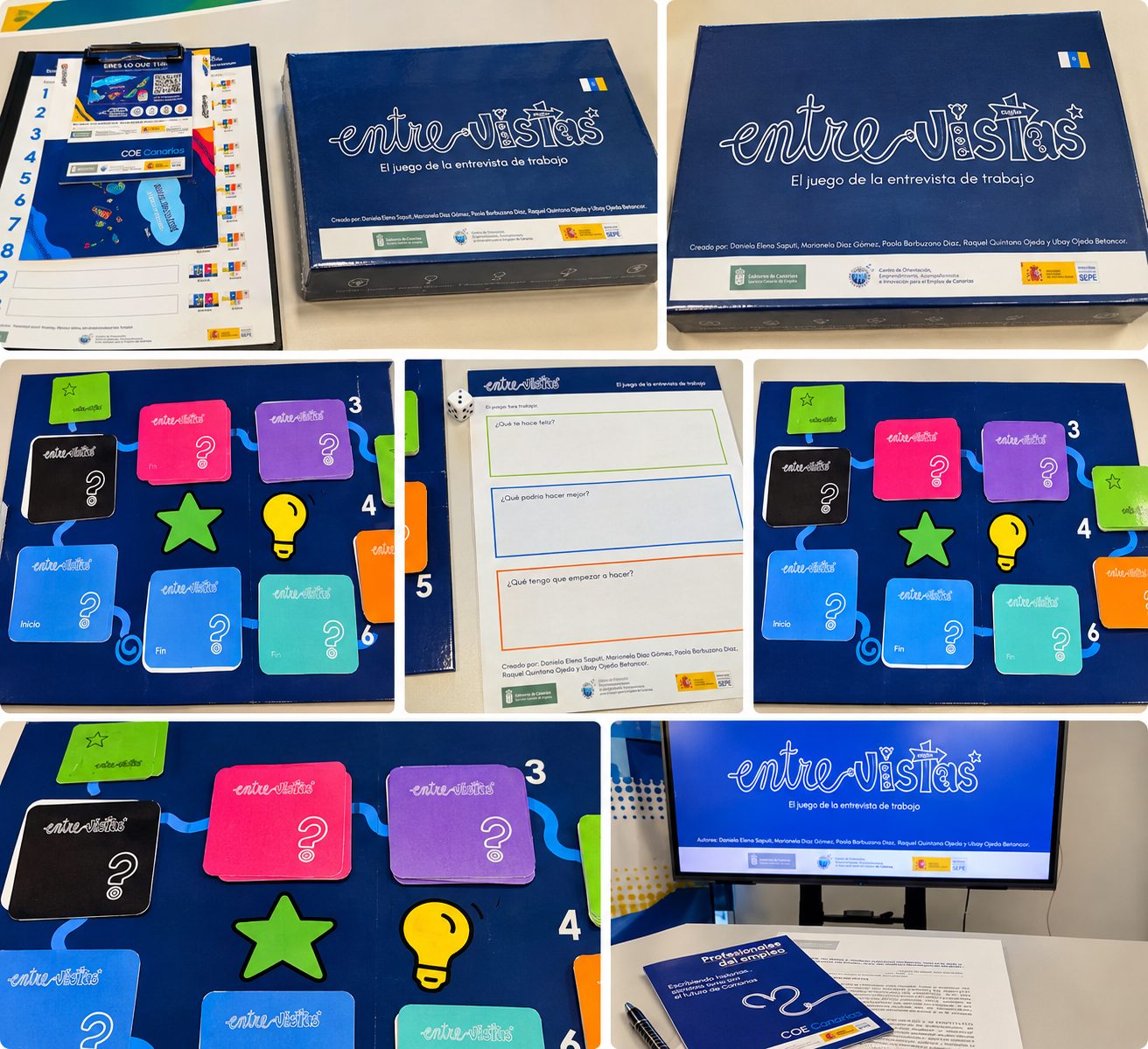 Collage del juego «Entre-Vistas»: la caja, el tablero con tarjetas de colores, la hoja de reflexión y la guía «Profesionales del empleo» de COE Canarias