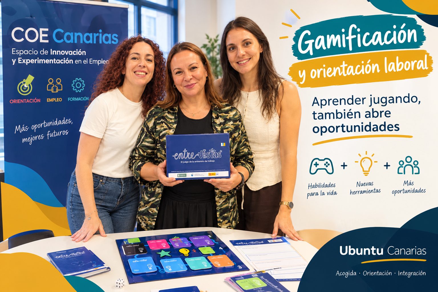 Tres profesionales sostienen la caja del juego «Entre-Vistas» junto al panel de COE Canarias, con el lema «Gamificación y orientación laboral»