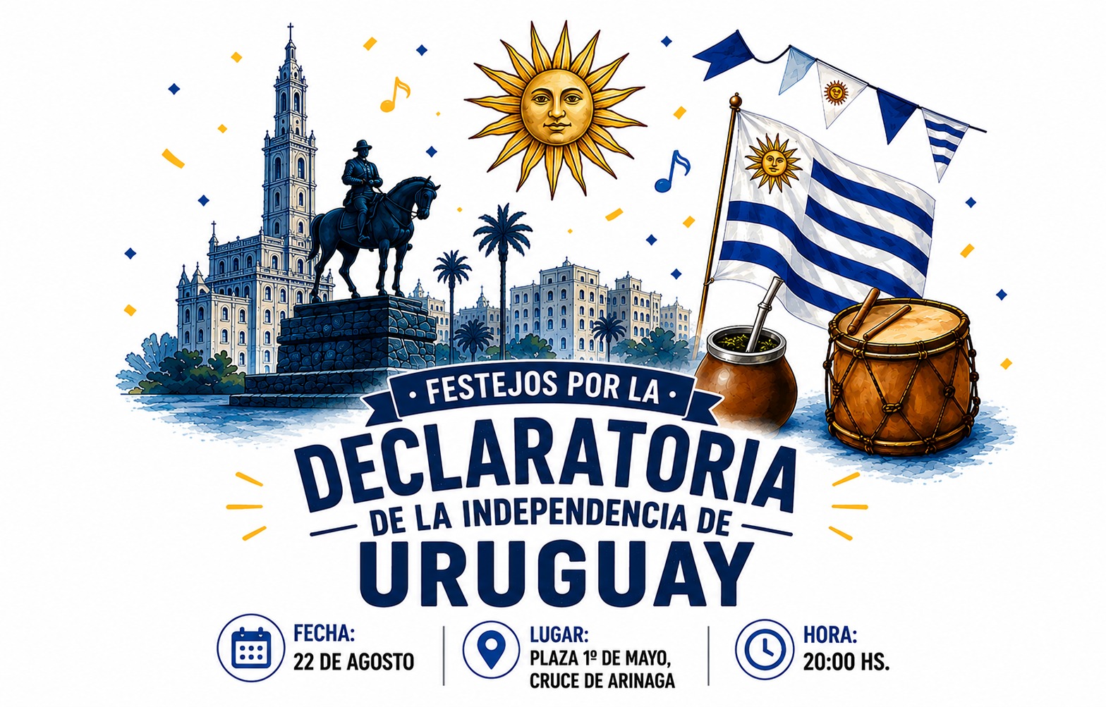 Cartaz dos festejos pela Declaração da Independência do Uruguai: bandeira do Uruguai, sol, tambor e mate, com data, local e hora do evento em Cruce de Arinaga