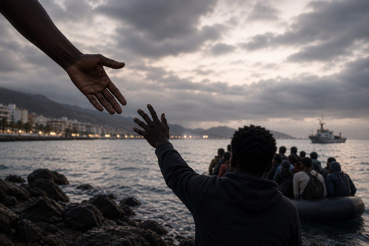 Uma mão estende-se de terra para outra que se ergue de uma embarcação com pessoas migrantes, com um barco de resgate ao fundo