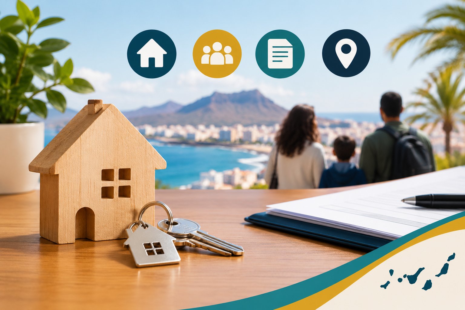 Una casita de madera y unas llaves sobre una mesa con documentos; al fondo, una familia mira una ciudad costera de Canarias.