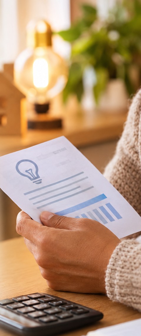 Une personne tient une facture d'électricité à côté d'une calculatrice sur une table en bois.