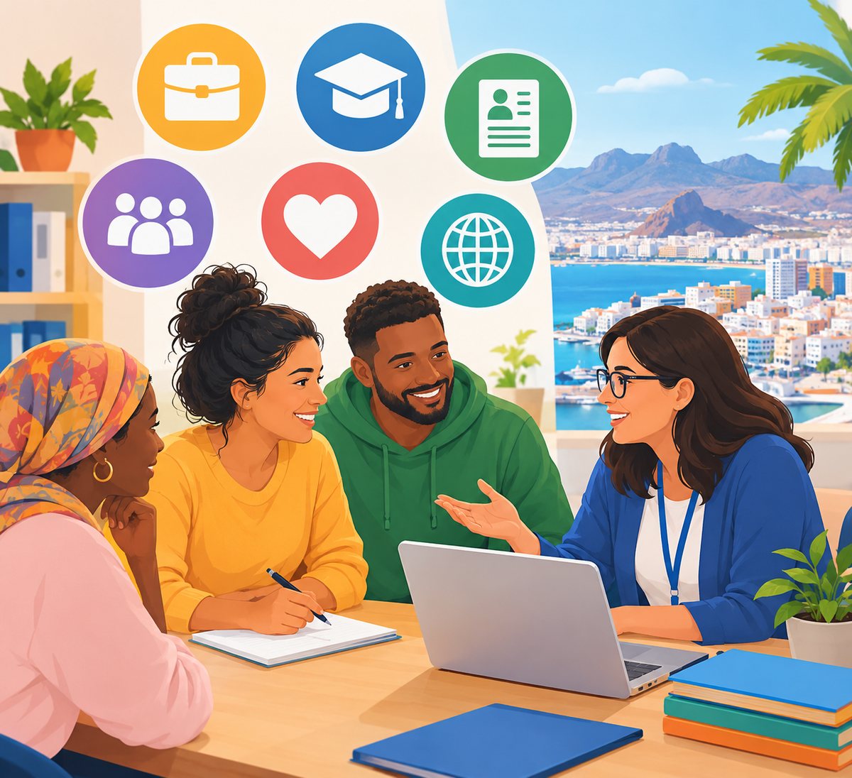 Illustration of an adviser talking with three people around a table, with icons for jobs, training, CV, community, health and the internet