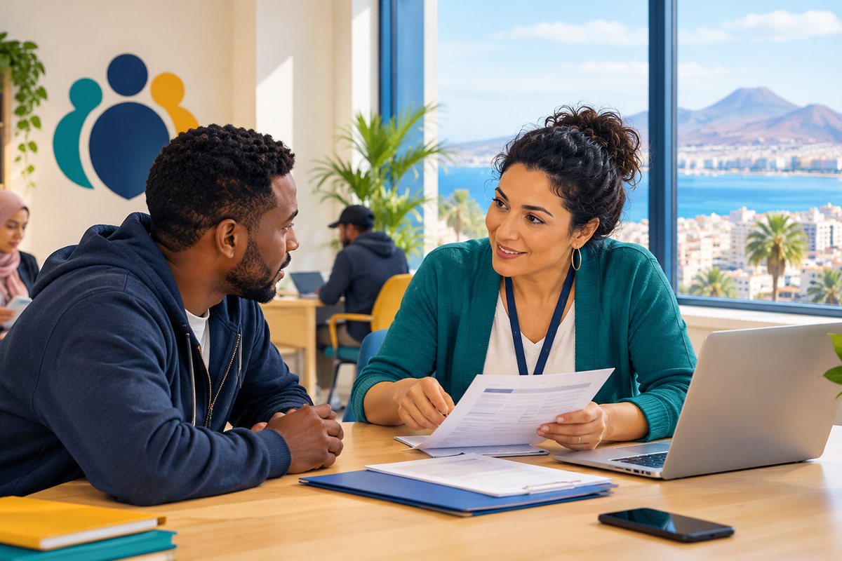 Adviser from an association talking with a young man and going through a document, with a view of Las Palmas de Gran Canaria