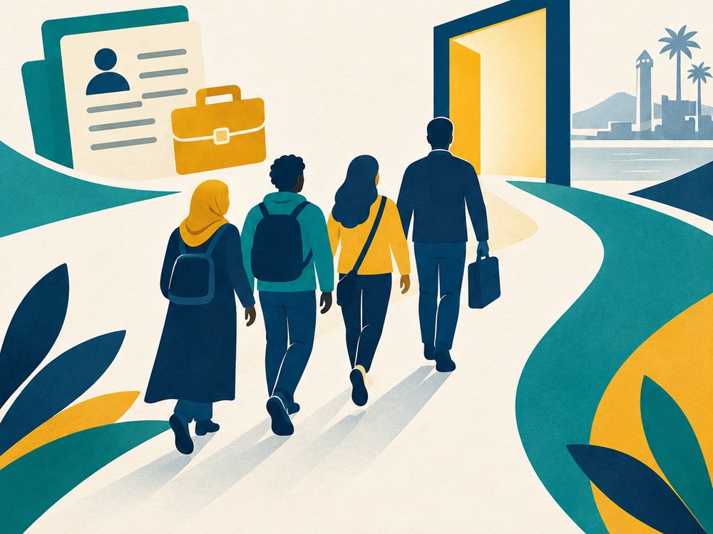 Ilustración de cuatro personas caminando hacia una puerta abierta, con un currículum y un maletín