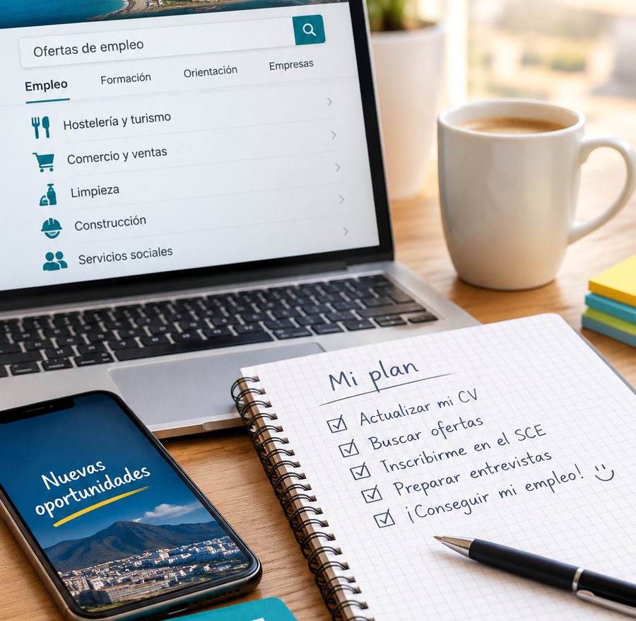 Portátil con ofertas de empleo por sectores, un móvil y una libreta con el plan: actualizar el CV, buscar ofertas, inscribirse en el SCE, preparar entrevistas y conseguir empleo