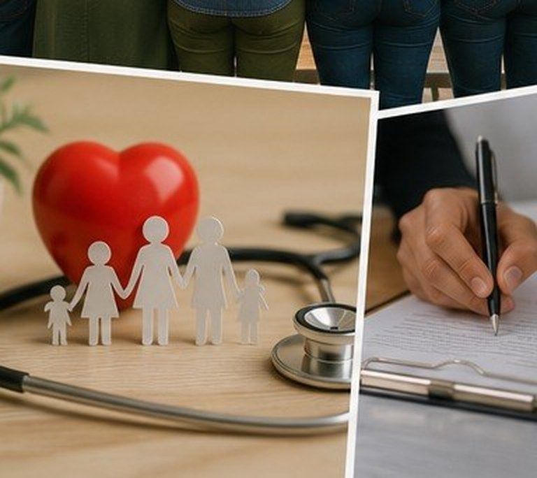 Figuras de una familia junto a un fonendoscopio, símbolo de la salud familiar y comunitaria