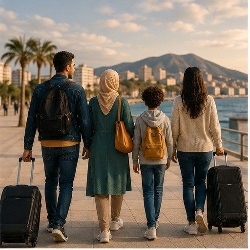 Familia migrante caminando con maletas por un paseo marítimo