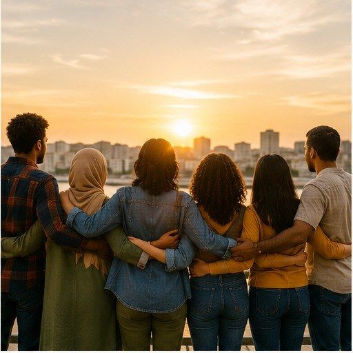 Grupo de personas de distintos orígenes abrazadas de espaldas contemplando el atardecer