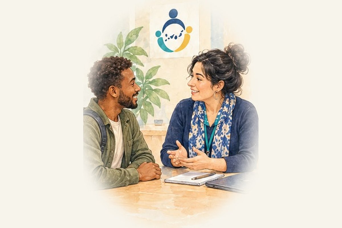 Illustration of a guidance counsellor talking with a young man with a backpack at a table, with the Ubuntu Canarias logo in the background