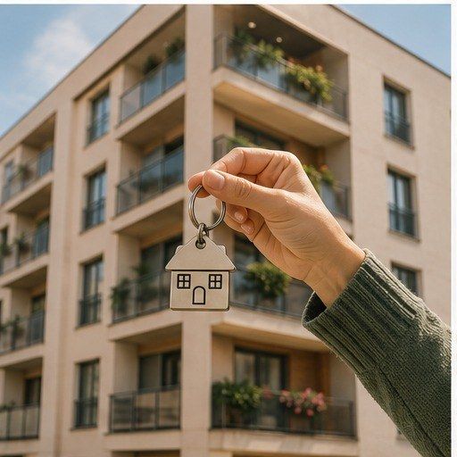 Mano sosteniendo las llaves de un piso frente a un edificio de viviendas en Gran Canaria
