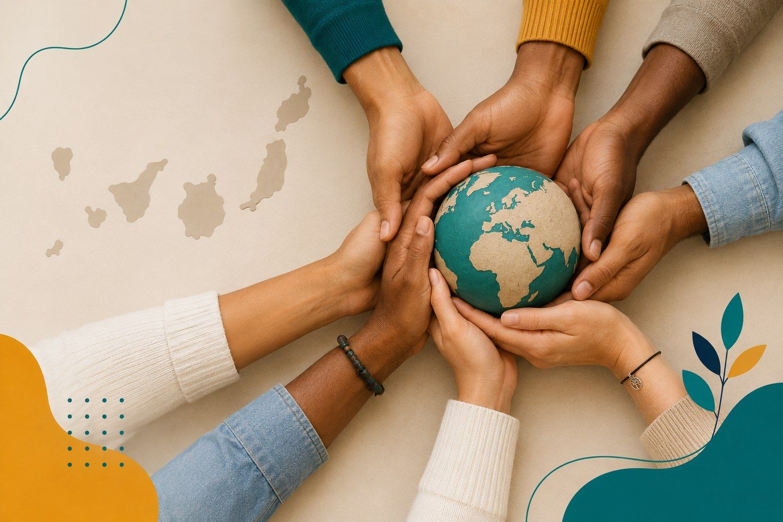 Mãos de pessoas diversas unidas a segurar um globo terrestre, com a silhueta das Ilhas Canárias ao fundo, símbolo de união e acolhimento