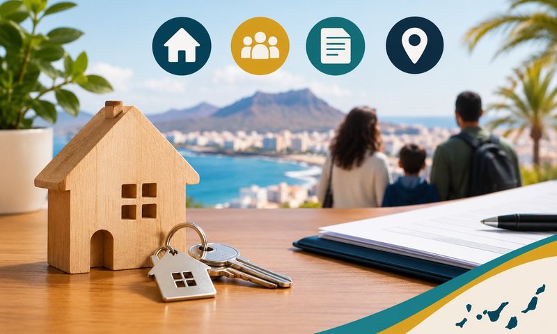 Una casita de madera y unas llaves sobre una mesa con documentos; al fondo, una familia mira una ciudad costera de Canarias.