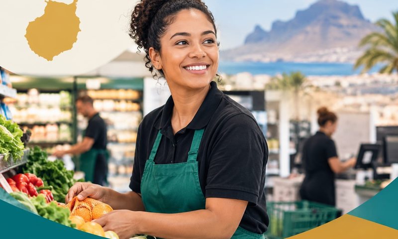 Una trabajadora sonriente con delantal verde coloca fruta en la sección de frutería de un supermercado, con la silueta de Gran Canaria y el mar al fondo.