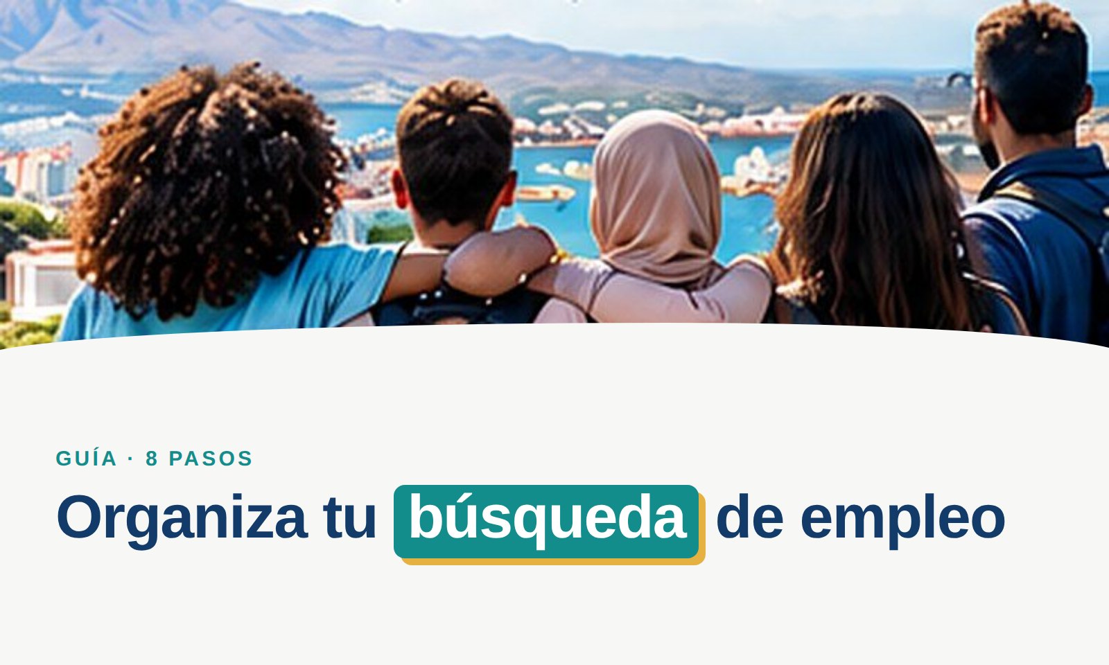 Portada de la guía «Organiza tu búsqueda de empleo» de Ubuntu Canarias, en azul con círculos amarillo y turquesa.