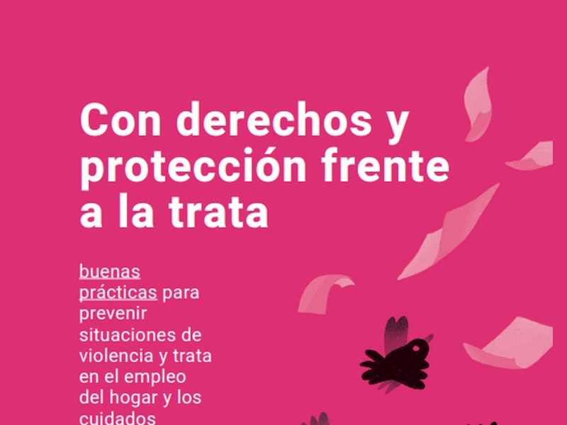 Portada rosa de la guía Con derechos y protección frente a la trata, con pájaros que salen volando de una jaula abierta