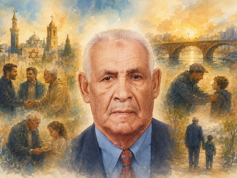 Retrato ilustrado do avô de Soraya, que partilha o seu testemunho em Vozes do Mundo