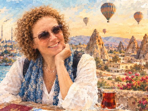 Ilustración en acuarela de una mujer sonriente en una terraza con un té turco, con Estambul y Capadocia al fondo.