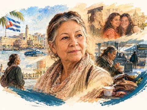 Ilustração de uma mulher idosa com cenas de Havana e uma estação de autocarros, que partilha a sua história em Vozes do Mundo